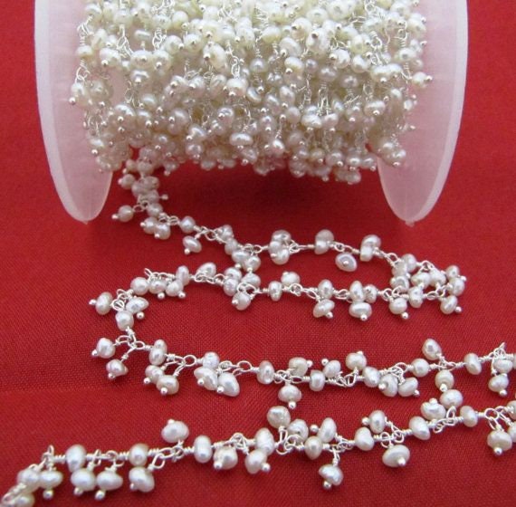 Natural Pearl Rondelle 3mm Beads Cluster Chain Real Pearl Beaded Dangling Chain Wholesale Price Gemstone Handmade Jewelry sold Per FOOT