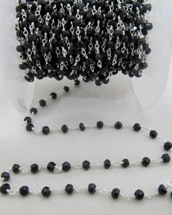 3 Ft- Black Spinel Beaded Rosary Chain Hydro Quartz Rondelle Faceted 3-4mm Black Onyx Beads Wire Wraped Aati Chain Wholesale Prices