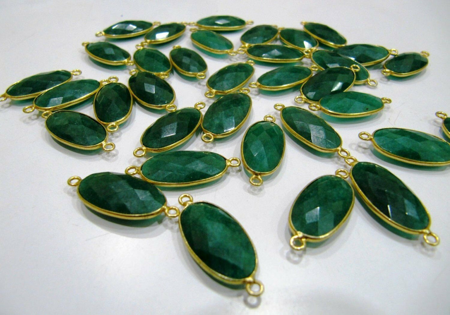 Set of 2- Emerald Oval Shape Briolette Connector Double Loop Size 12x22mm Precious Gemstone Dyed Emerald Stones Bezel Connectors