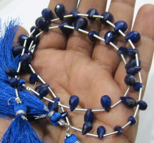 Natural Blue Sapphire Tear drop Shape Faceted Beads 5x6mm To 9x14mm Graduated Sapphire Sold per strand 8 inches long Top Quality