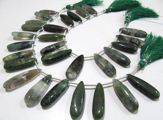 Natural Moss Green Jasper Pear Shape Plain Smooth Briolette beads 9x30mm To 10x35mm Graduated Jewelry Making Strand 8 Inches Long