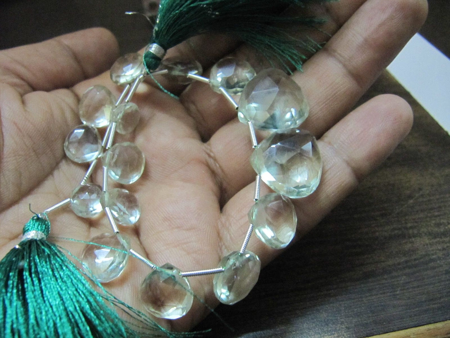 Natural Green Amethyst Heart Shape Briolette Faceted 10-16 mm Graduated Beads Strand Size 8 inches long Natural Amethyst Gemstone Beads