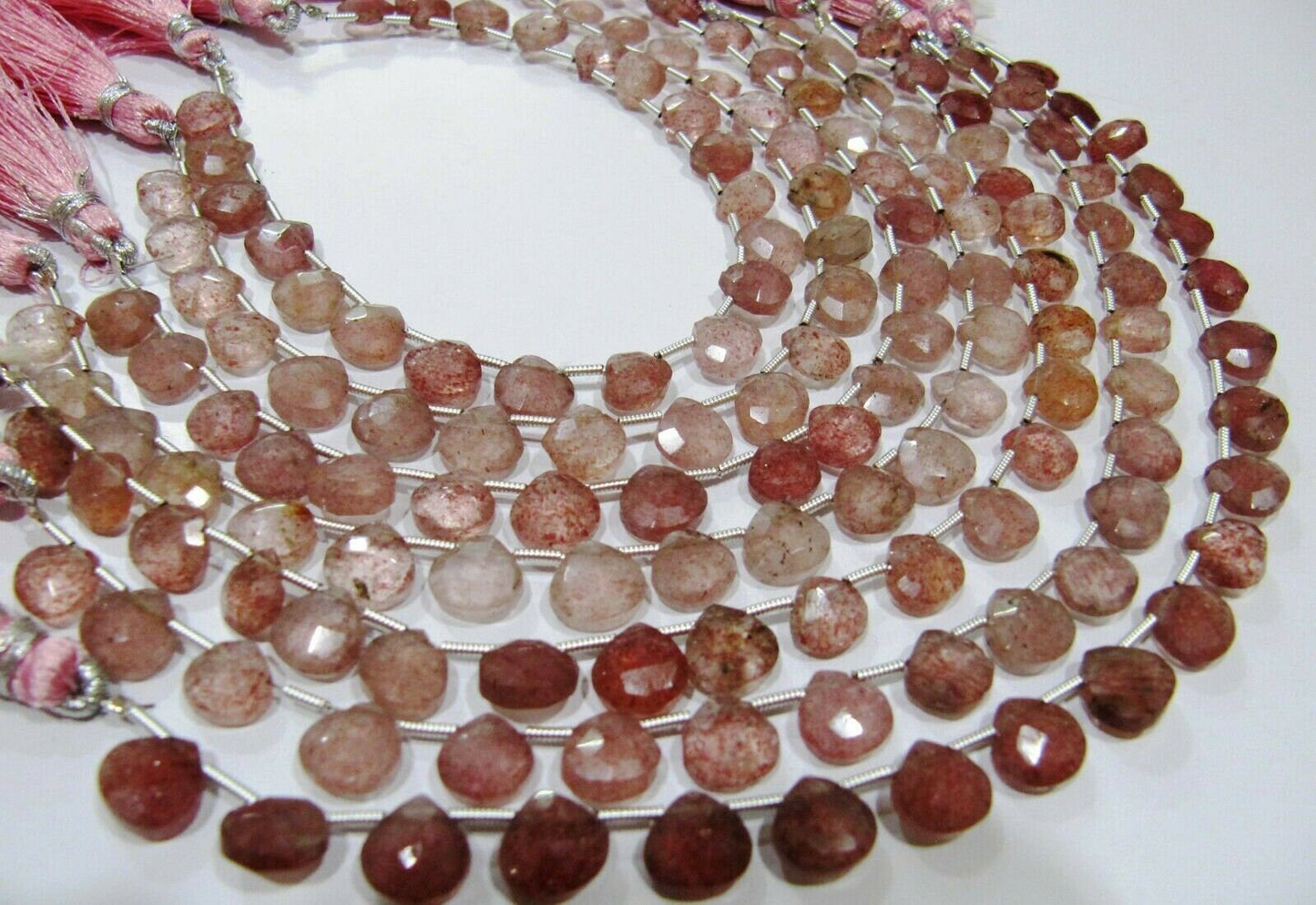 Natural Strawberry Quartz heart Shape Briolette Faceted size 8mm beads strand 8 inches long Jewelry Making Pink Color Gemstone Beads