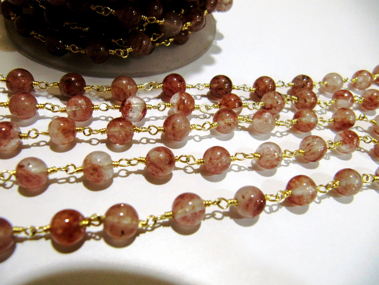 Natural Strawberry Quartz Round Plain Smooth 6mm Beaded Rosary Wire Wrapped Chain Wholesale Price Handmade Jewelry Making chain PER FOOT