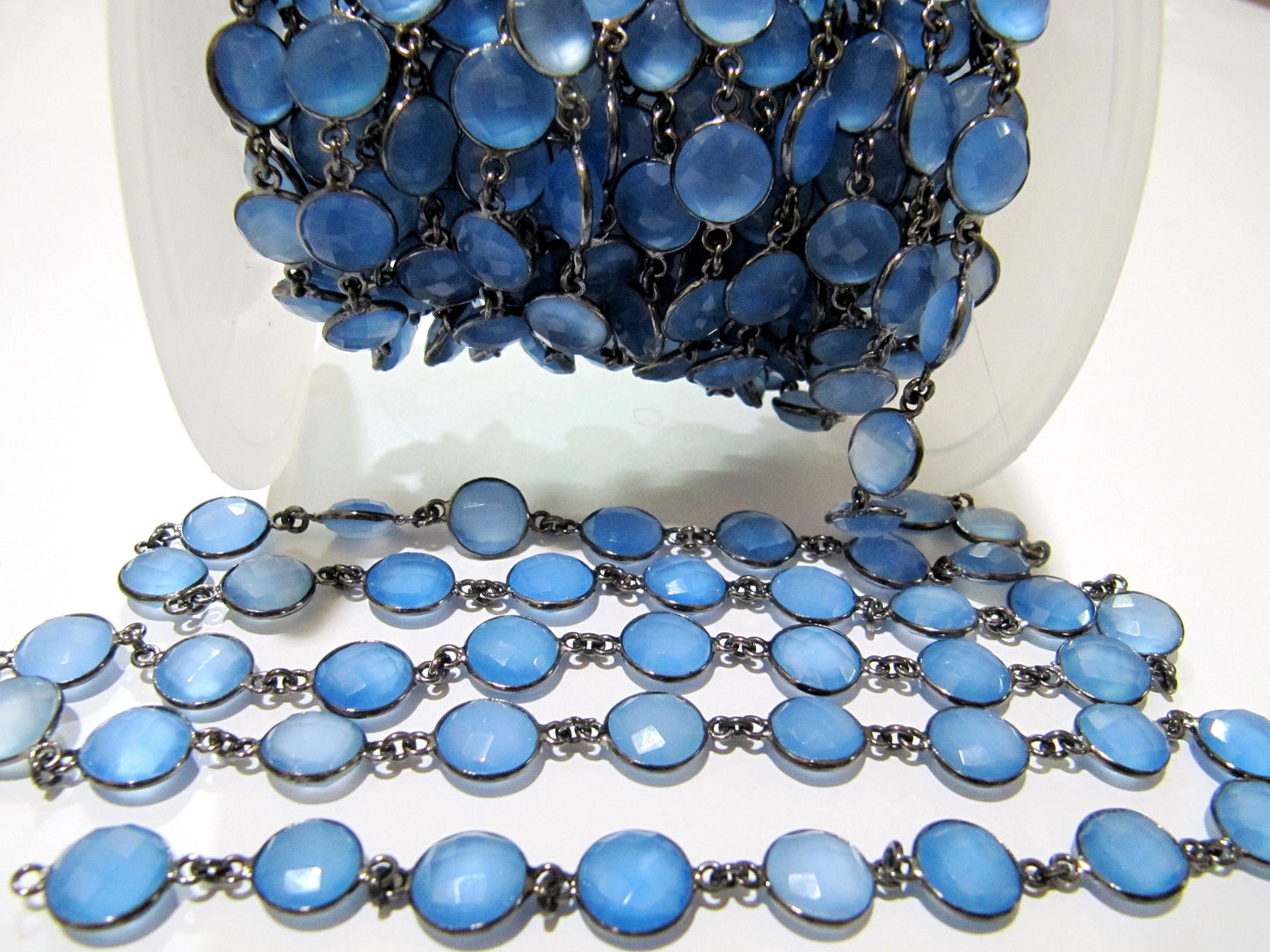 Blue Chalcedony Round Coin Shape Briolette Connector Chain 10mm Sold Per Foot High quality Beads Wholesale Price Jewelry Making Chain
