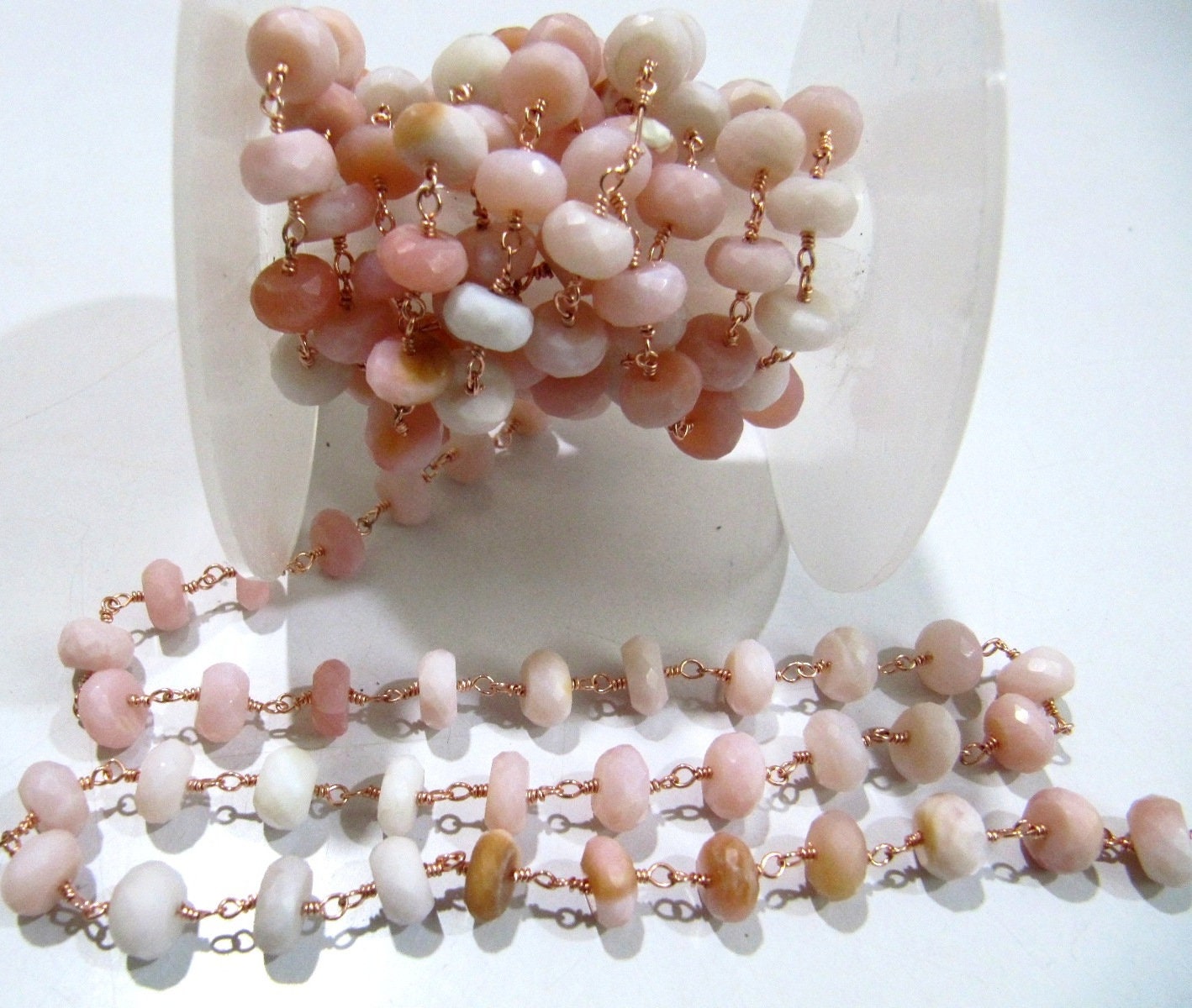 Natural Pink Opal Rondelle Faceted 8mm Beads Chain Opal Rosary Handmade Beaded Chain Wholesale Prices Pink gemstone chain