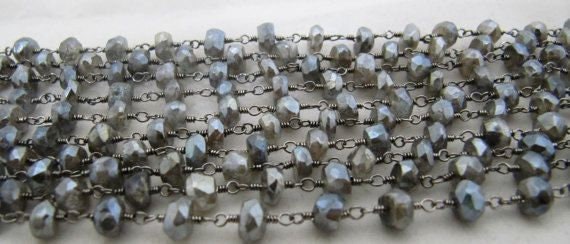 Natural Labradorite Mystic Coated Faceted Rondelle Beads Chain Wire Wrapped 5mm Rosary Chain- Wholesale Price sold per foot
