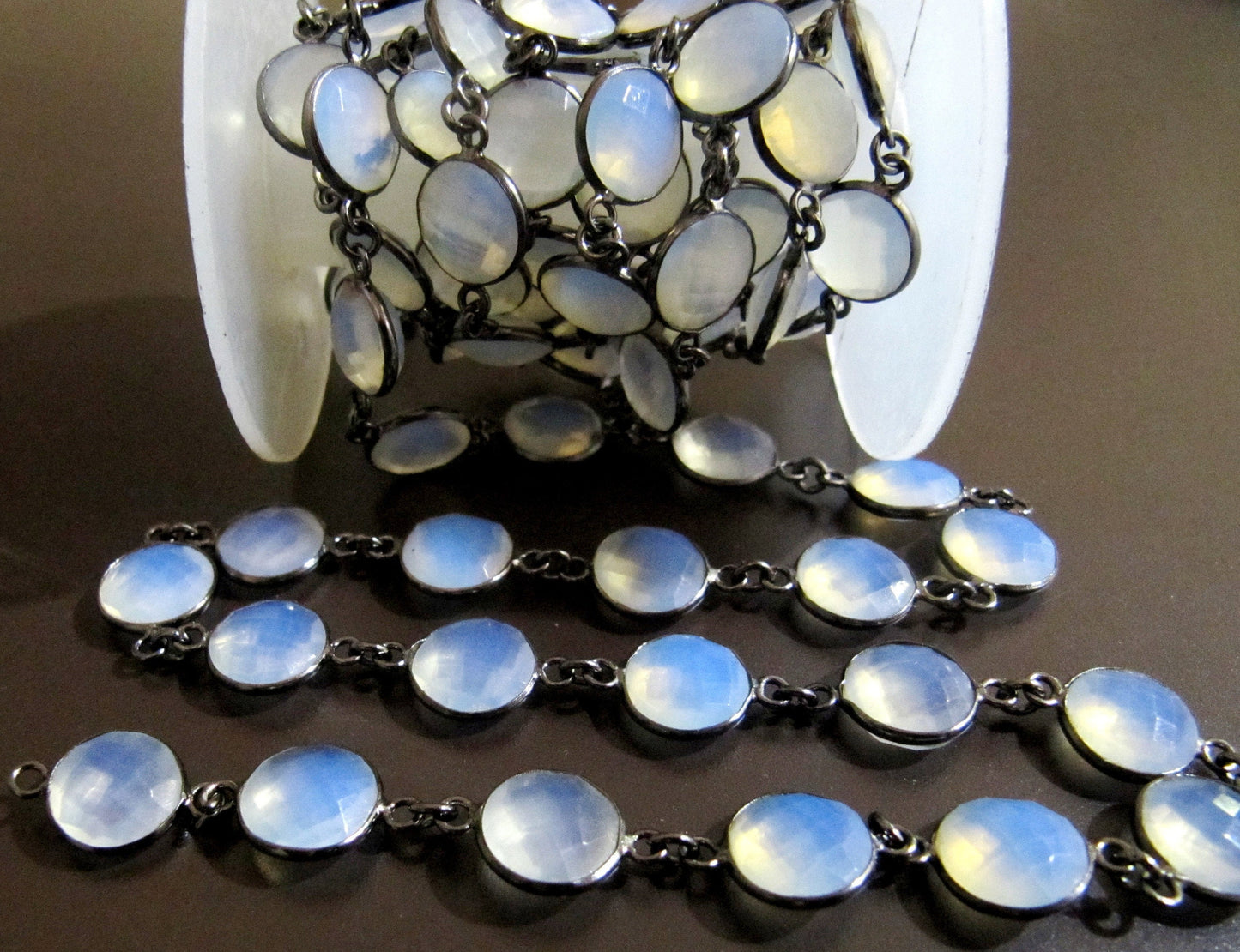 White Opal Round coin Shape Briolette Bezel Connector Chain 11 mm Sold Per Foot Opalite Gems Chains