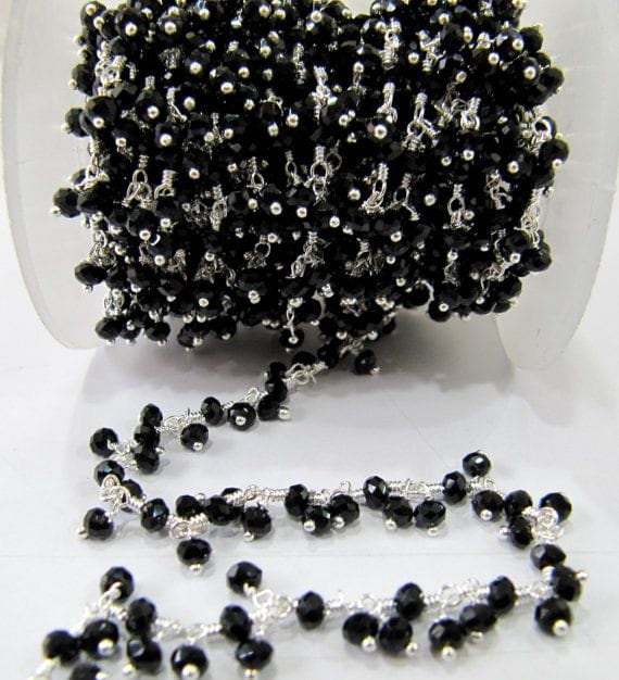 Black Spinel Rondelle Faceted Hydro Quartz 3-4mm Beads Chain Beaded Thick Cluster Dangling Chain Sold per foot