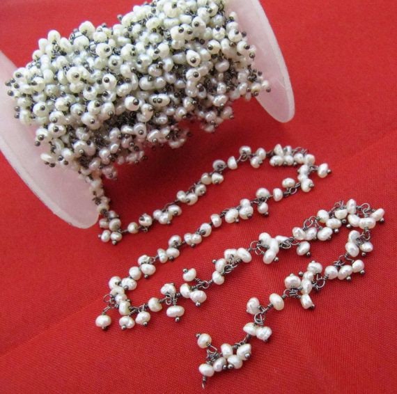 Natural Pearl Rondelle 3mm Beads Cluster Chain Real Pearl Beaded Dangling Chain Wholesale Price Gemstone Handmade Jewelry sold Per FOOT