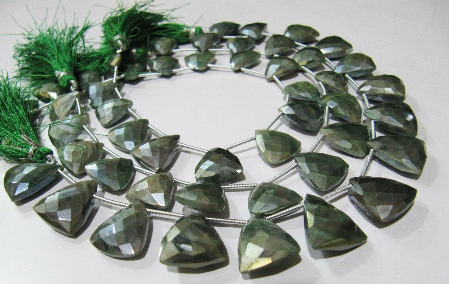 Natural Green Moonstone AB Coated Trillion Shape Beads Size 16 to 18mm Beads Strand 10 inches Long Side Drilled Gemstone Beads