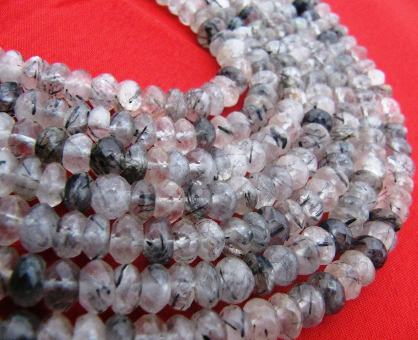 Natural Genuine Black Rutilated Quartz Rondelle Faceted Beads Size 7-8mm Sold per Strand of 13inch Long Semi Precious Jewelry