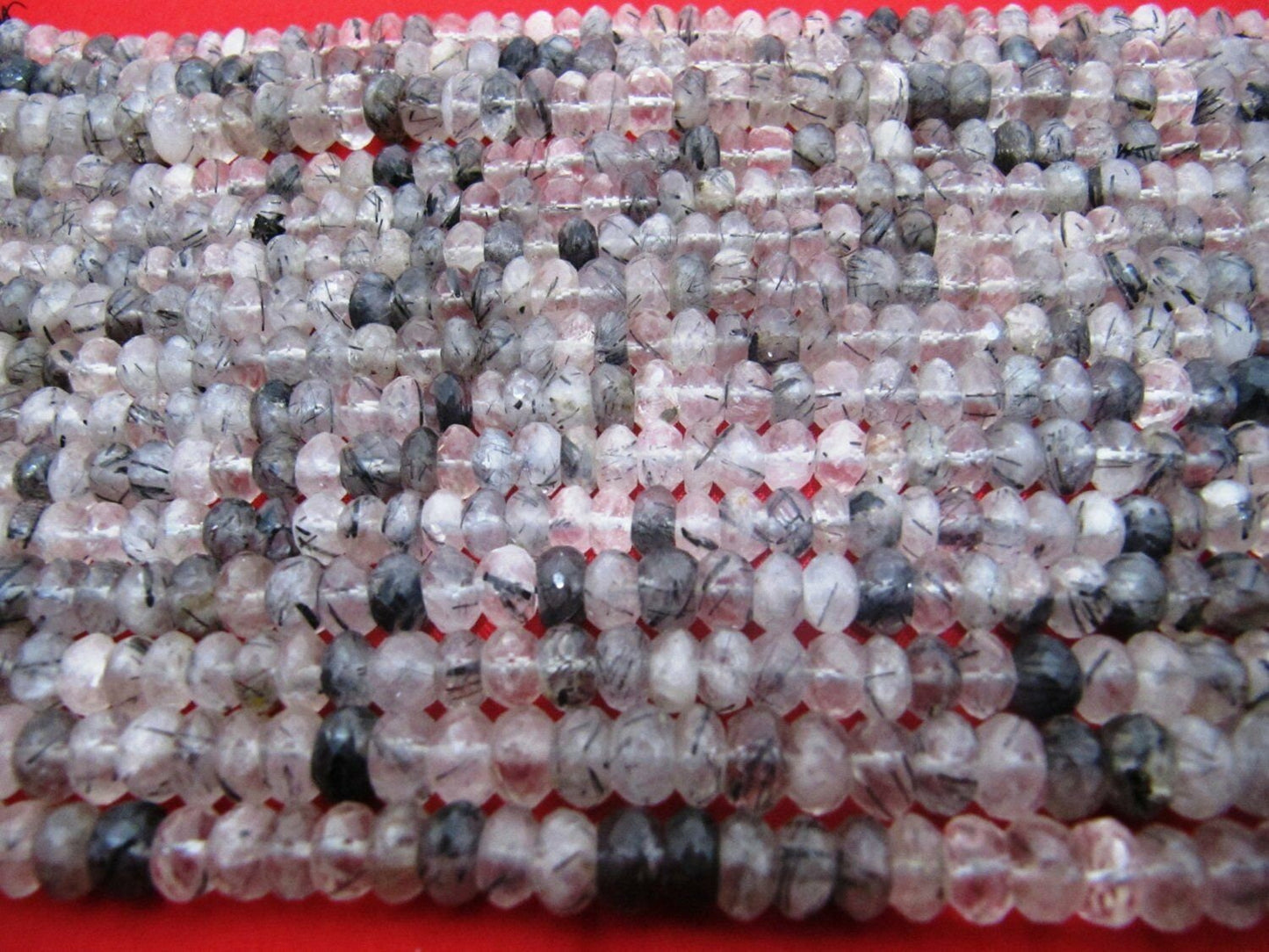 Natural Genuine Black Rutilated Quartz Rondelle Faceted Beads Size 7-8mm Sold per Strand of 13inch Long Semi Precious Jewelry