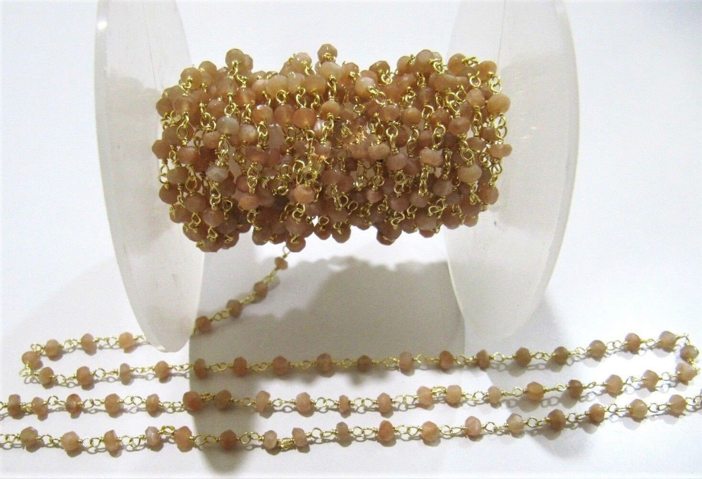 3 Feet-Natural Peach Moonstone Rondelle Faceted Beaded Rosary Chain 3-4mm Wire Wrapped Beaded Chain Wholesale Prices