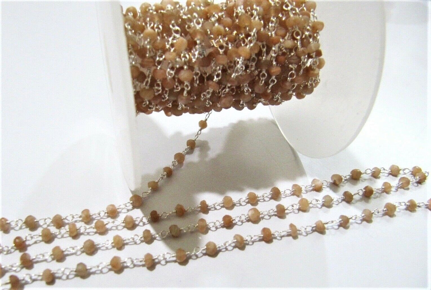 3 Feet-Natural Peach Moonstone Rondelle Faceted Beaded Rosary Chain 3-4mm Wire Wrapped Beaded Chain Wholesale Prices