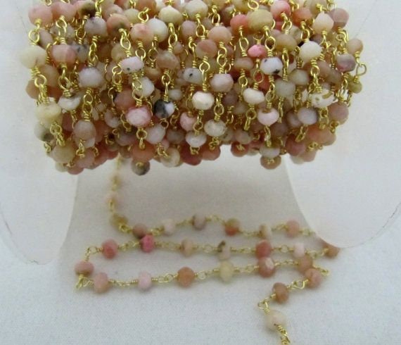 Natural Pink Opal Rondelle Faceted 3-4mm Size Beaded Opal Wire Wrapped Rosary Chain Wholesale Prices Handmade Jewelry chain sold per foot