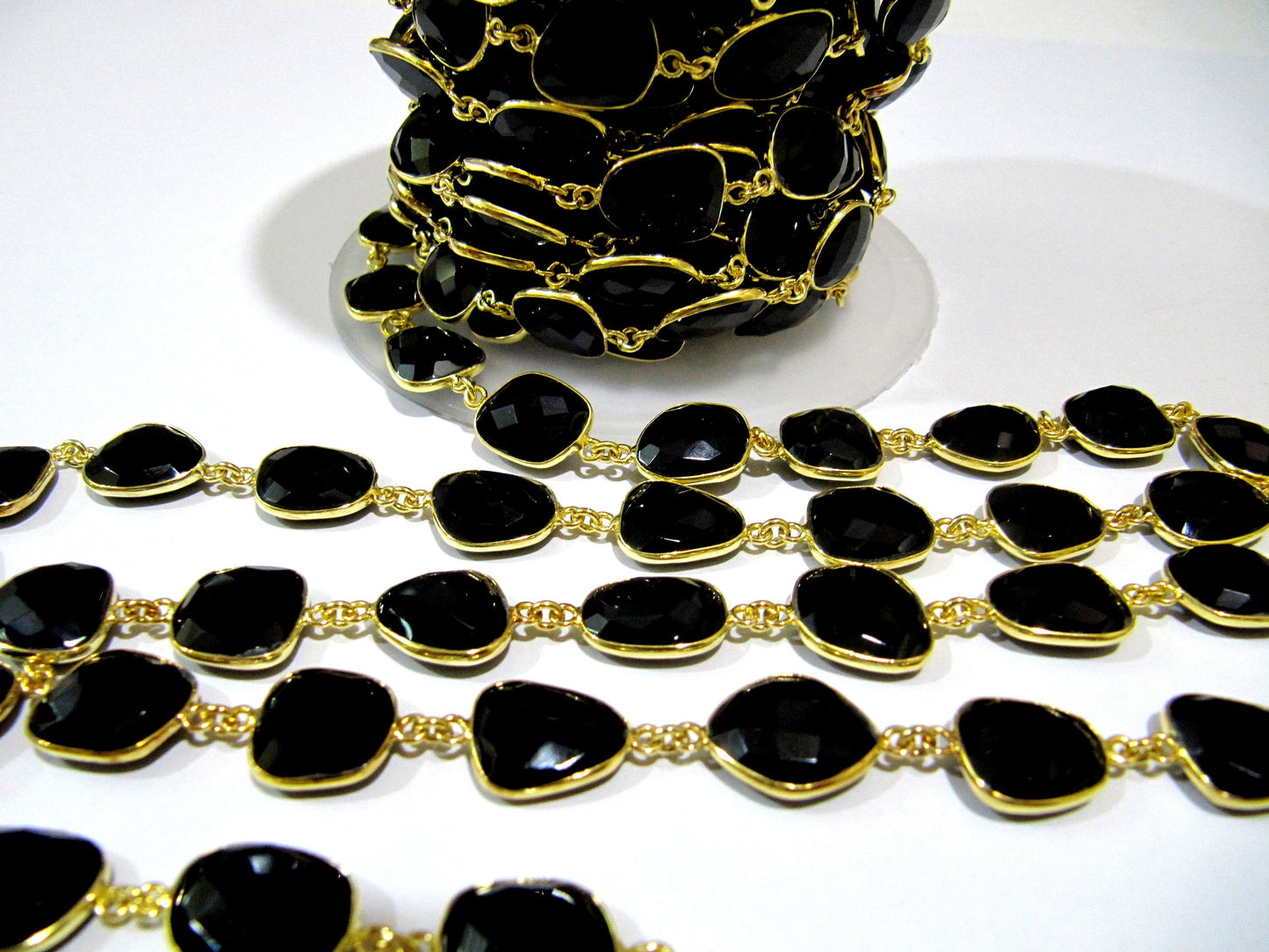 Natural Black Onyx Free Shape Briolette Faceted Uneven Bezel Connector Chain 10 to 15mm Sold Per Foot High Quality Wholesale price