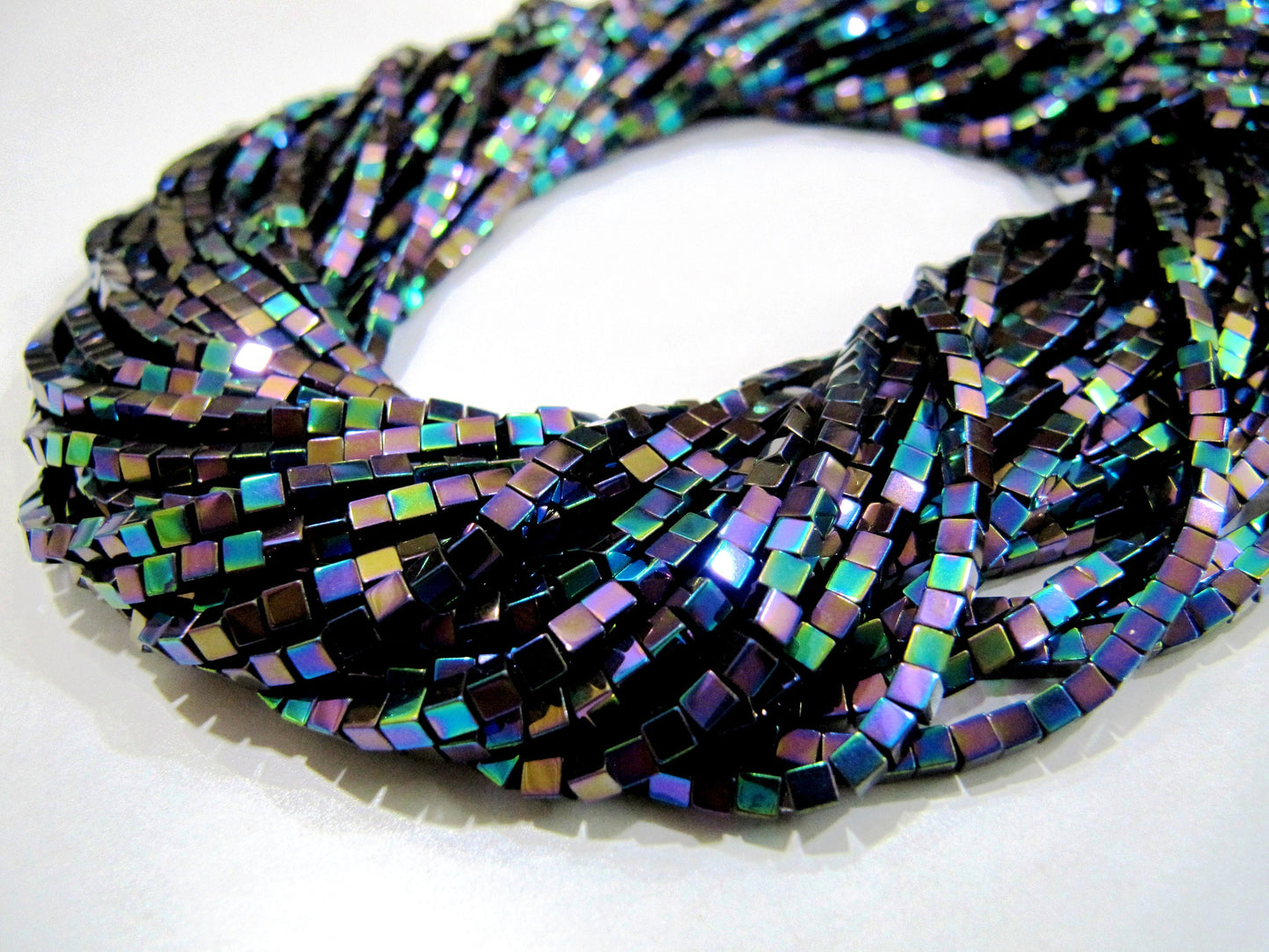 Peacock Blue Color Hematite Cube Beads Rainbow Mystic Box Shape Hematite Beads 2mm Size Strand 15-16 inches long Wholesale Prices