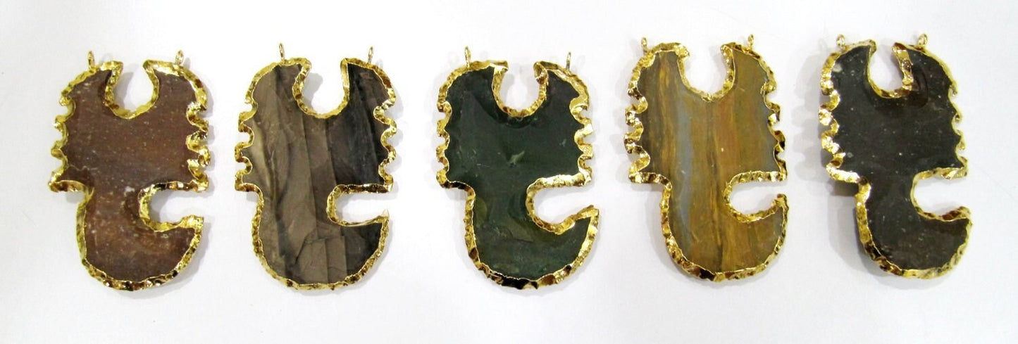 Natural Jasper Scorpio Shape Design Gold Electroplated Edge Double Loop Arrowhead Connector Charms Pendant Size 2 to 2.5 inch Long