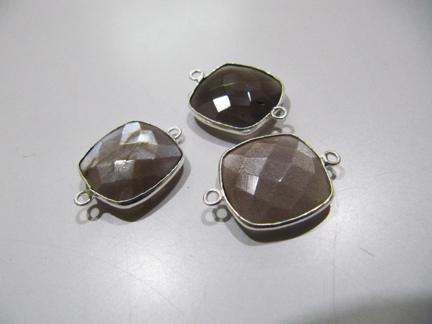 Natural Chocolate Moonstone Cushion Shape Briolette Connectors Double Loop Bezel Connectors 15 mm Size Gemstone Charms per piece