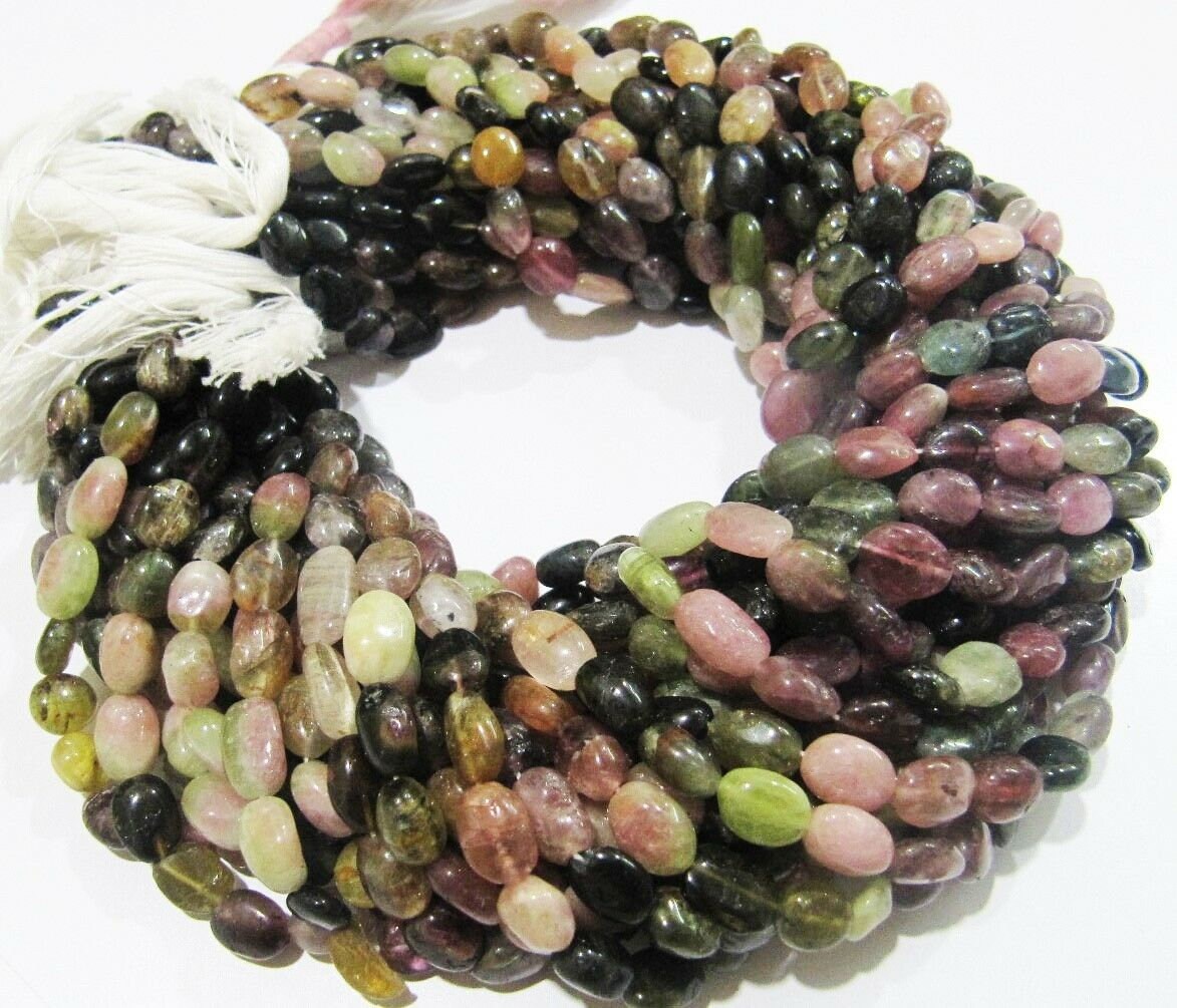 Natural Multi Tourmaline Oval Nugget Shape Smooth Plain 6-8 mm Beads Jewelry Making Beads Sold per Strand 13 Inches Watermelon Tourmaline