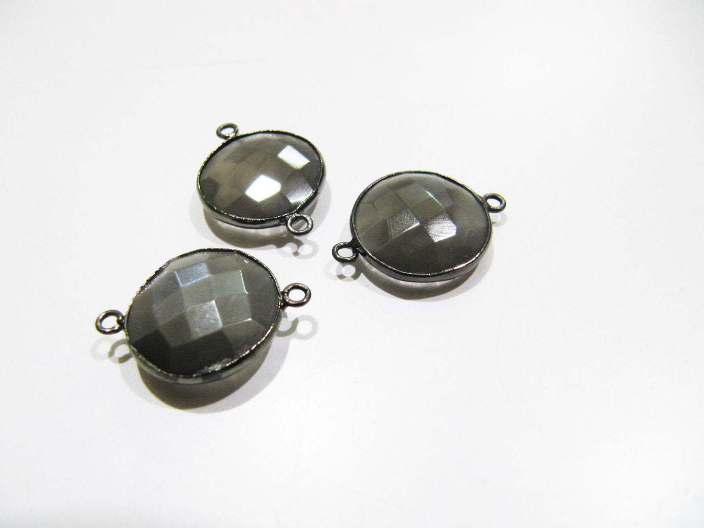 Natural Grey Moonstone Round Coin Shape Faceted Double Loop Bezel Connectors 15 mm Size Gemstone Connector Charms sold per piece