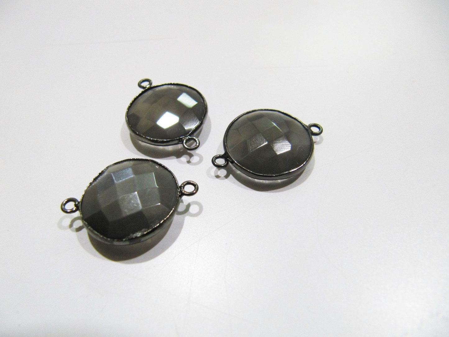 Natural Grey Moonstone Round Coin Shape Faceted Double Loop Bezel Connectors 15 mm Size Gemstone Connector Charms sold per piece