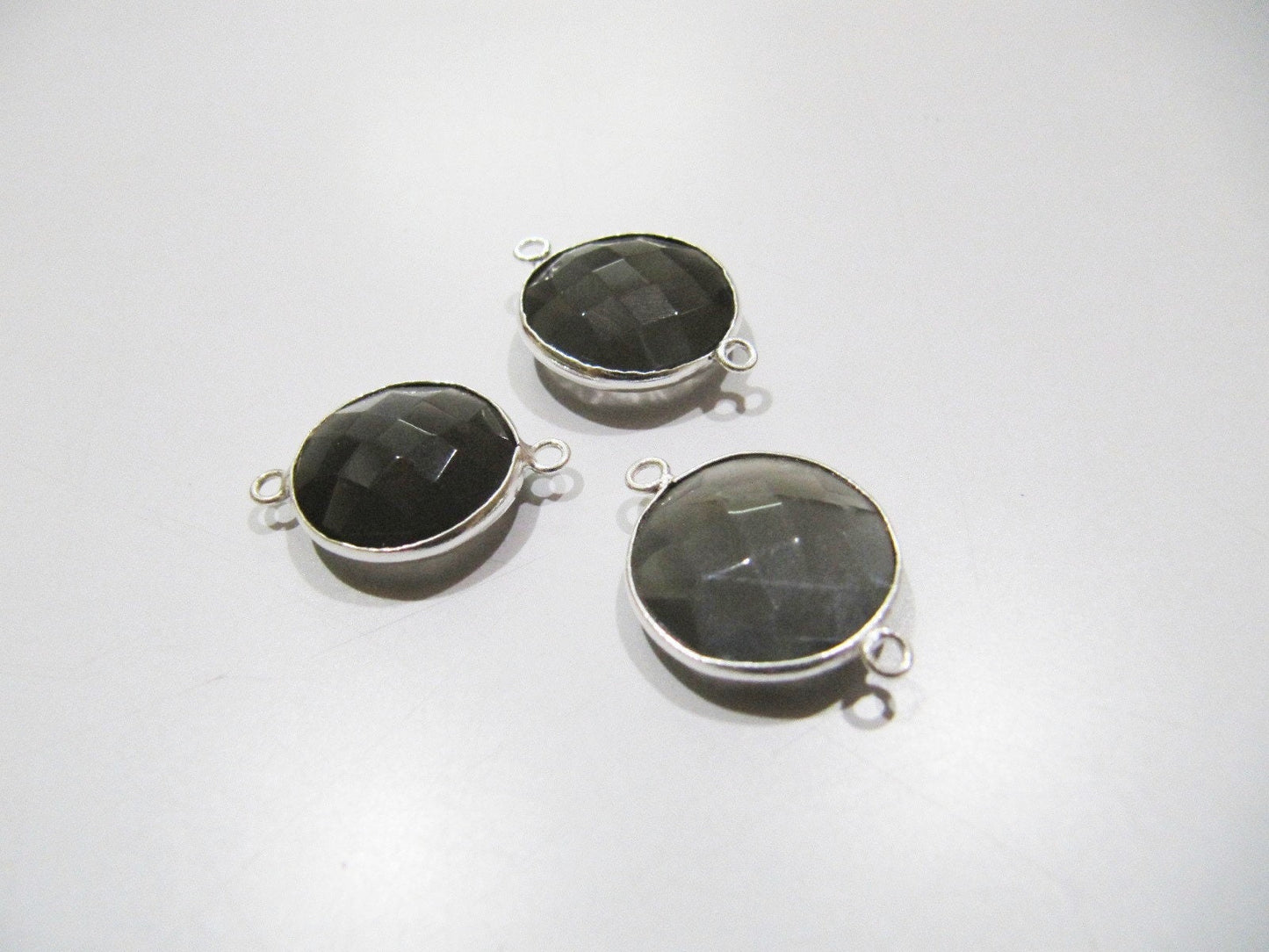 Natural Grey Moonstone Round Coin Shape Faceted Double Loop Bezel Connectors 15 mm Size Gemstone Connector Charms sold per piece