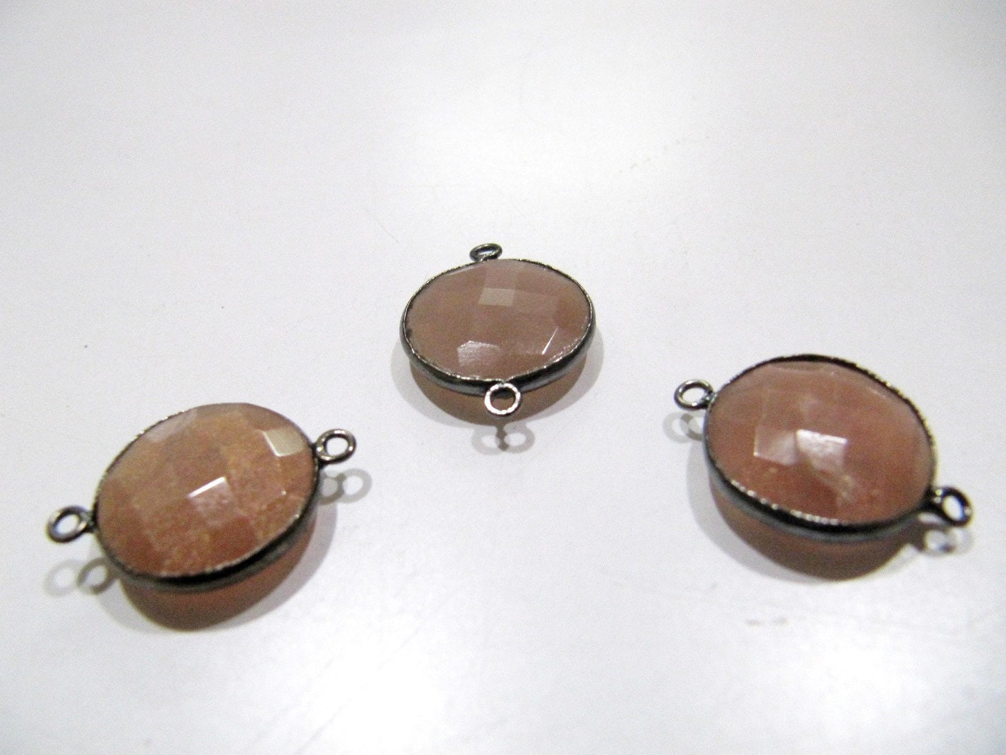 Natural Peach Moonstone Round Coin Shape Faceted Double Loop Bezel Connectors 15 mm Size Gemstone Connector Charms sold per piece