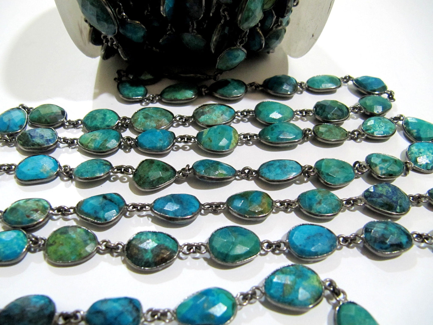 Natural Chrysocolla Briolette faceted Size 10 to 15mmConnector Bezel Chain Uneven Free Shape Sold Per Foot Wholesale Prices