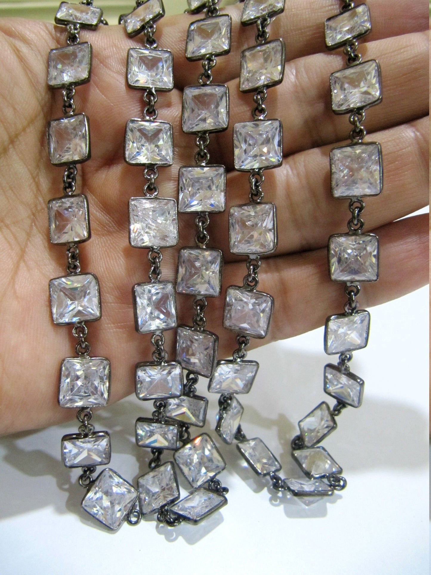 Best Quality Cubic Zirconia Cushion Shape 10mm CZ bezel Connector Chain Sold Per Foot Top Quality Wholesale Price Handmade chain