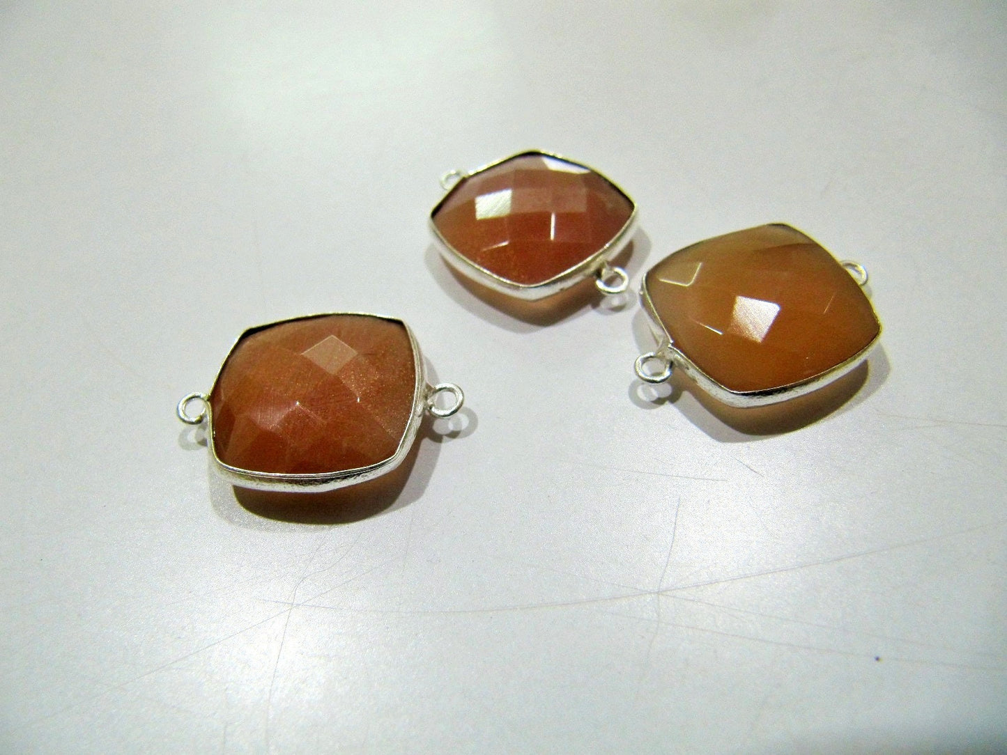 Natural Peach Moonstone Cushion Shape Faceted Briolette Double Loop Bezel Connectors 15 mm Size Gemstone Connector Charms sold per piece