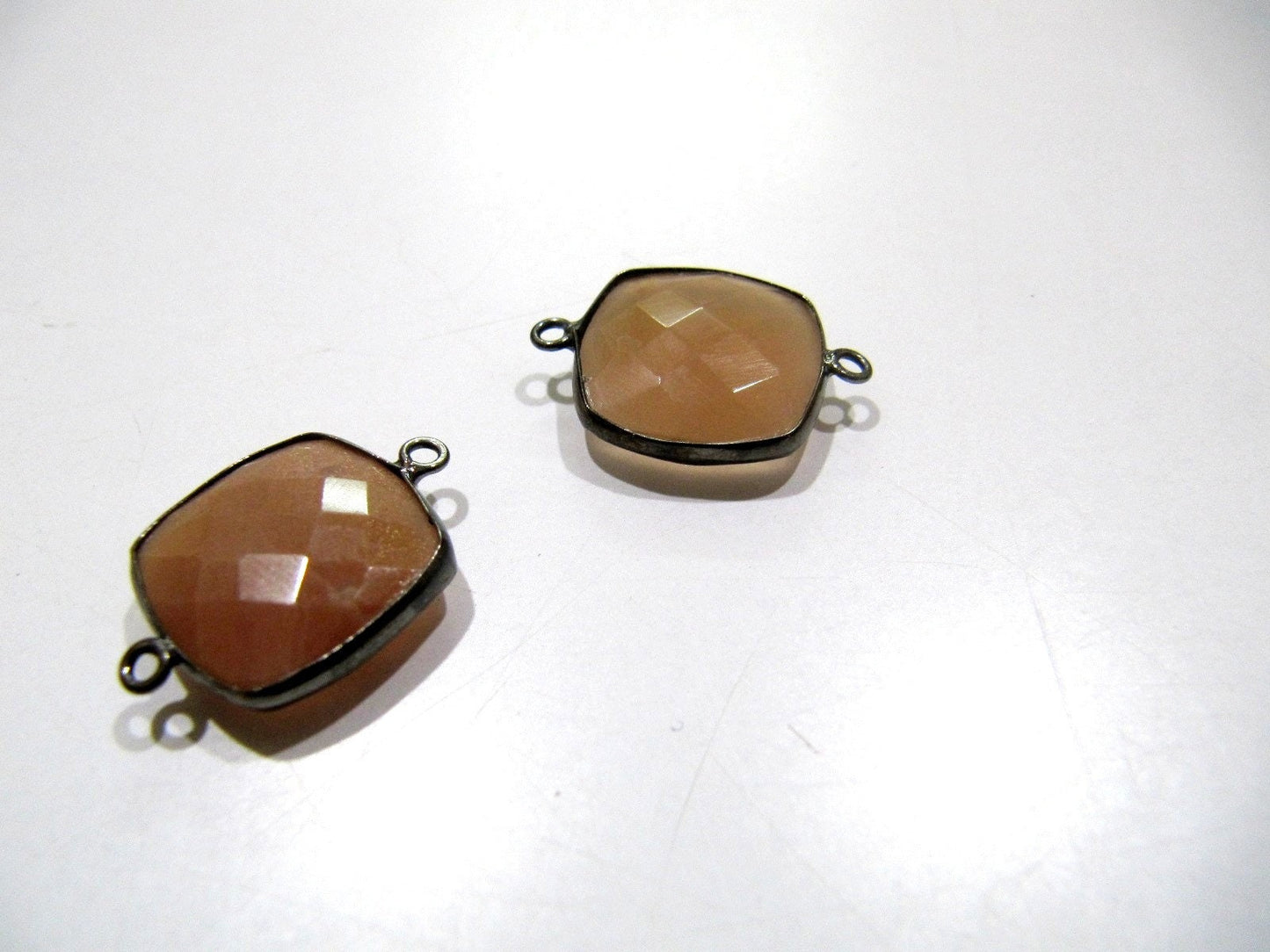 Natural Peach Moonstone Cushion Shape Faceted Briolette Double Loop Bezel Connectors 15 mm Size Gemstone Connector Charms sold per piece