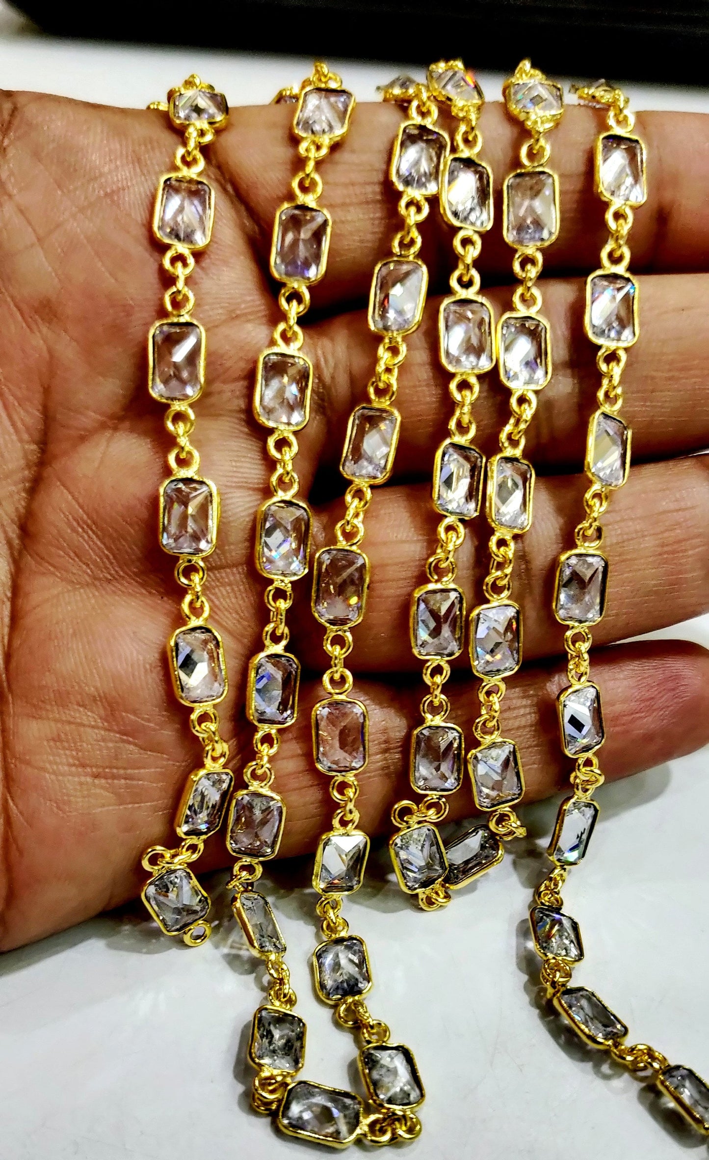 Genuine Cubic Zirconia Cushion Shape 6mm bezel Connector Chain Sold Per Foot Top Quality Wholesale Price CZ Square shape Gemstone Chain