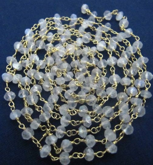 1 Foot-: Natural White Rainbow Moonstone Rondelle Faceted 3-4mm Beaded Wire Wrapped Rosary Chain Wholesale Prices Handmade Jewelry Chain
