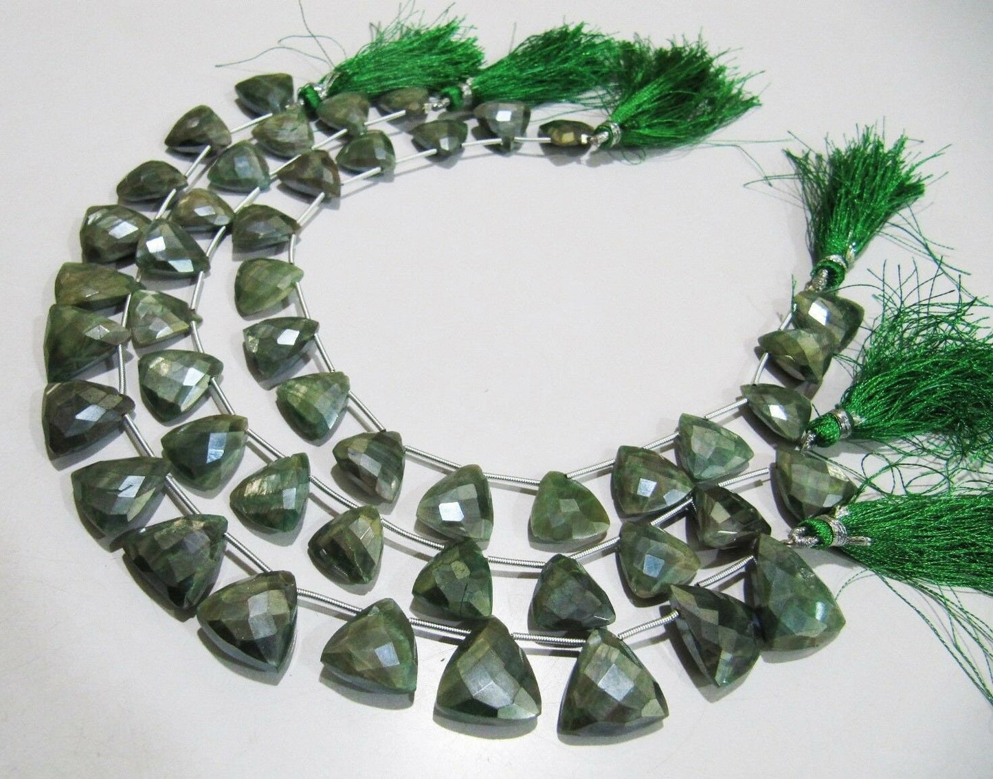 Natural Green Moonstone AB Coated Trillion Shape Beads Size 16 to 18mm Beads Strand 10 inches Long Side Drilled Gemstone Beads