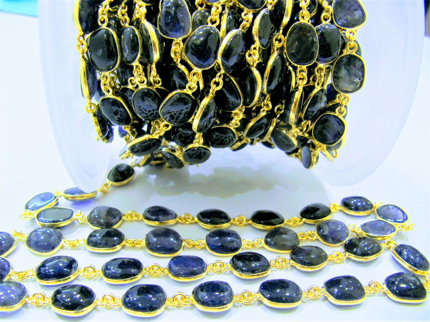 Natural Iolite Free Shape Plain Smooth 7X9 to 9X11mm Cabochon Bezel Connector Chain Sold Per Foot High Quality Gemstones Handmade Chain