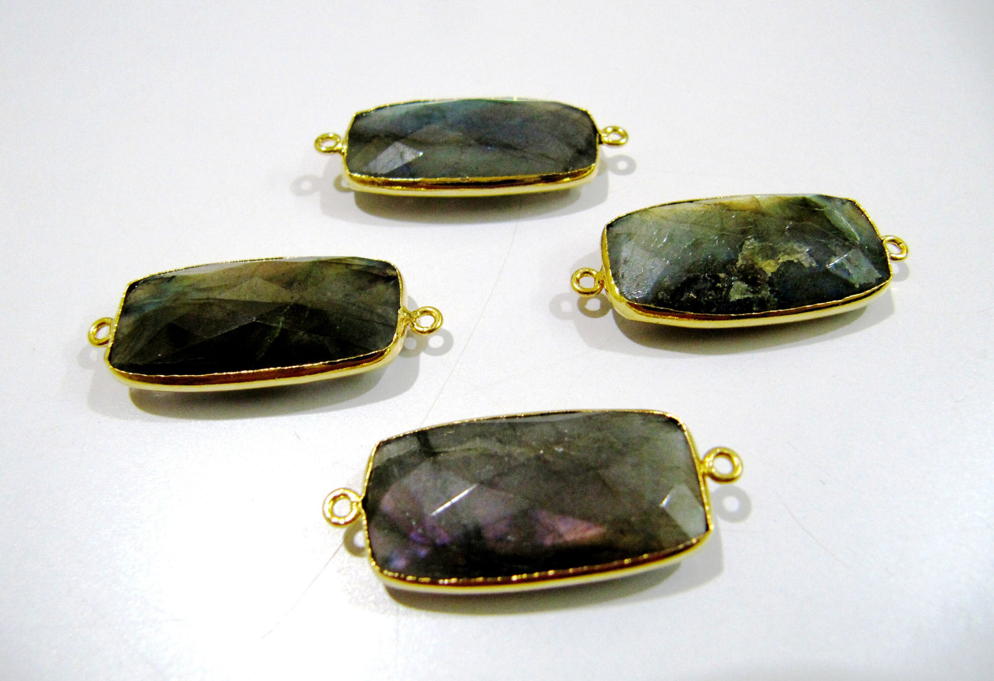 2 Pcs Set Natural Labradorite Rectangle Shape 13x25mm Briolette Connectors Blue Flashy Gemstone Double Loop Bezel Charms