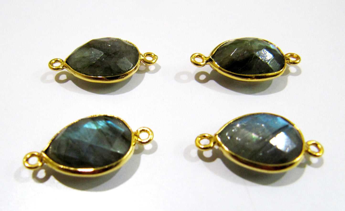 2 Pcs Set Natural Labradorite Pear Shape 10x13mm Briolette Connectors Blue Flashy Gemstone Double Loop Bezel Heart shape Charms