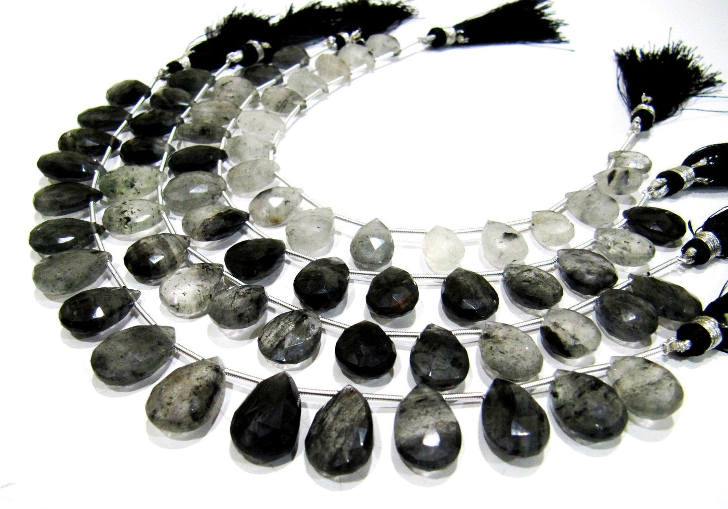 Natural Genuine Black Rutilated Quartz Pear Shape Beads 10x13 to 11x16mm Briolette Beads Strand 8 Inches Long Black Rutile Beads