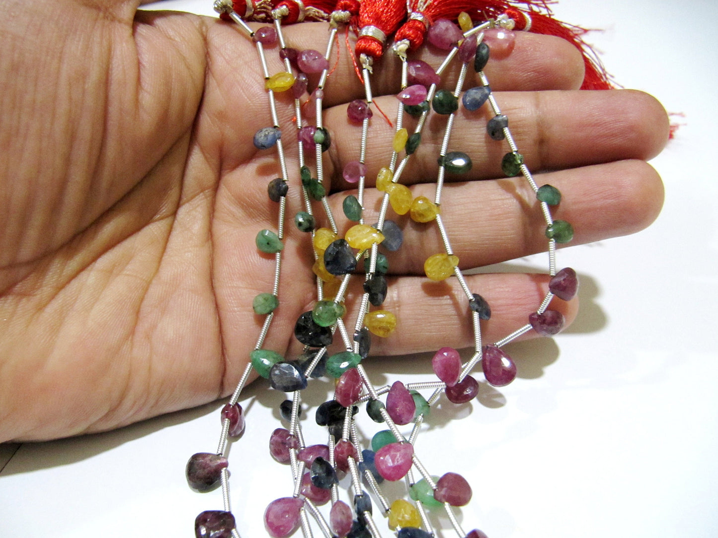 Natural Multi Precious Gemstone Ruby Emerald Sapphire faceted Briolette Size 5x7 to 7x9mm Pear Shape Graduated Bead Strand 8 inches