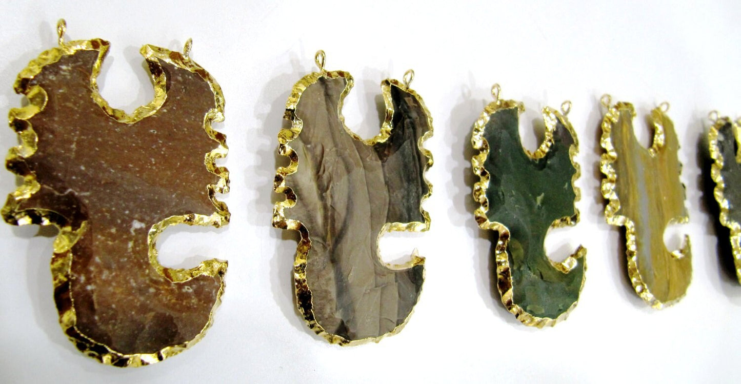 Natural Jasper Scorpio Shape Design Gold Electroplated Edge Double Loop Arrowhead Connector Charms Pendant Size 2 to 2.5 inch Long