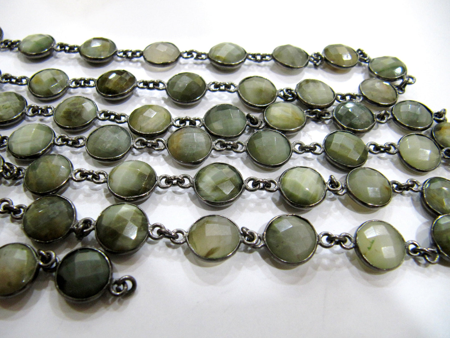 Natural Cat's Eye Round Coin Shape Briolette Bezel Connector Chain 10mm Size Gemstone bezel Chain Wholesale Prices sold per foot