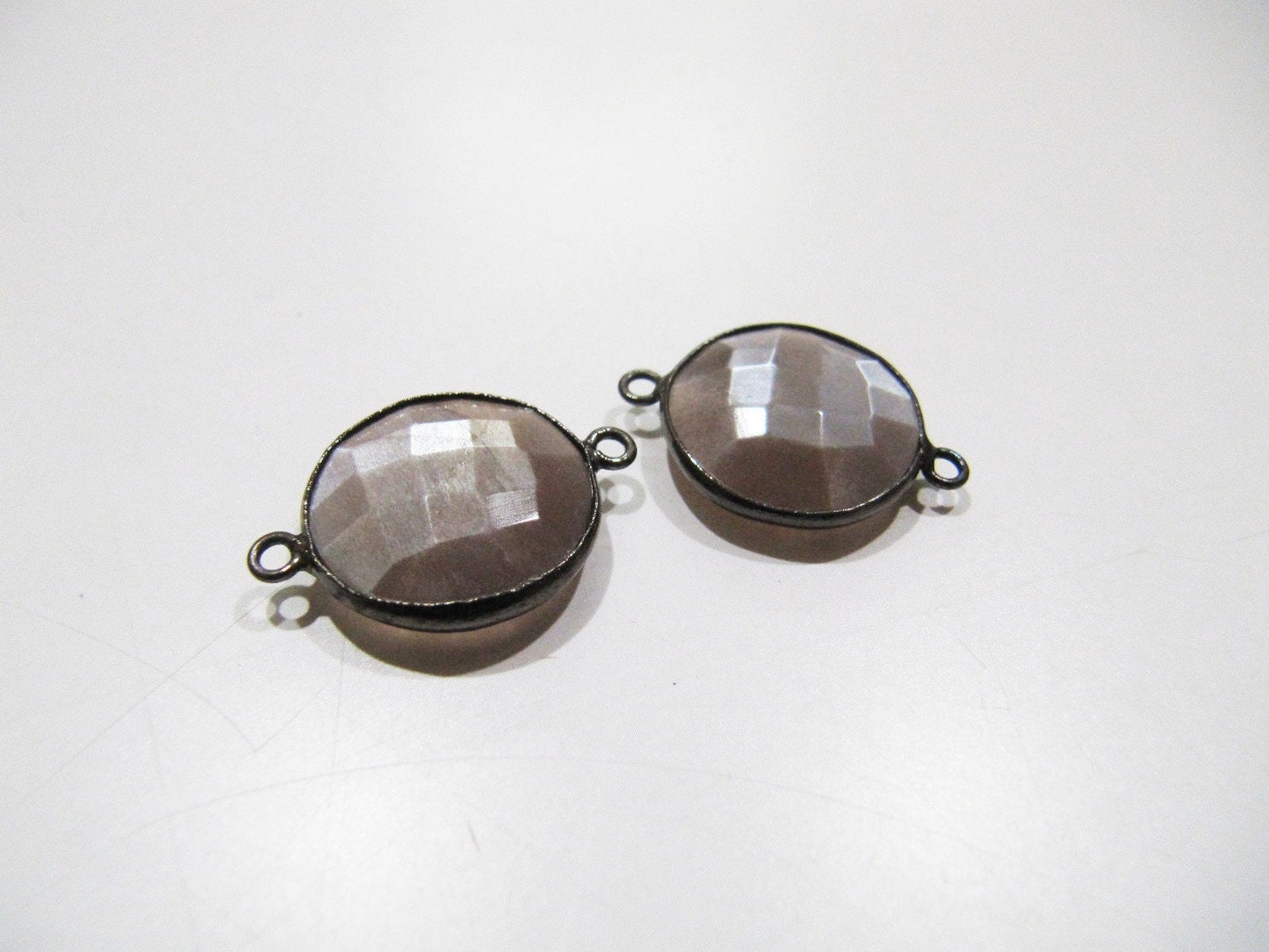 Natural Chocolate Moonstone Round Coin Shape Faceted Double Loop Bezel Connectors 15 mm Size Gemstone Connector Charms sold per piece