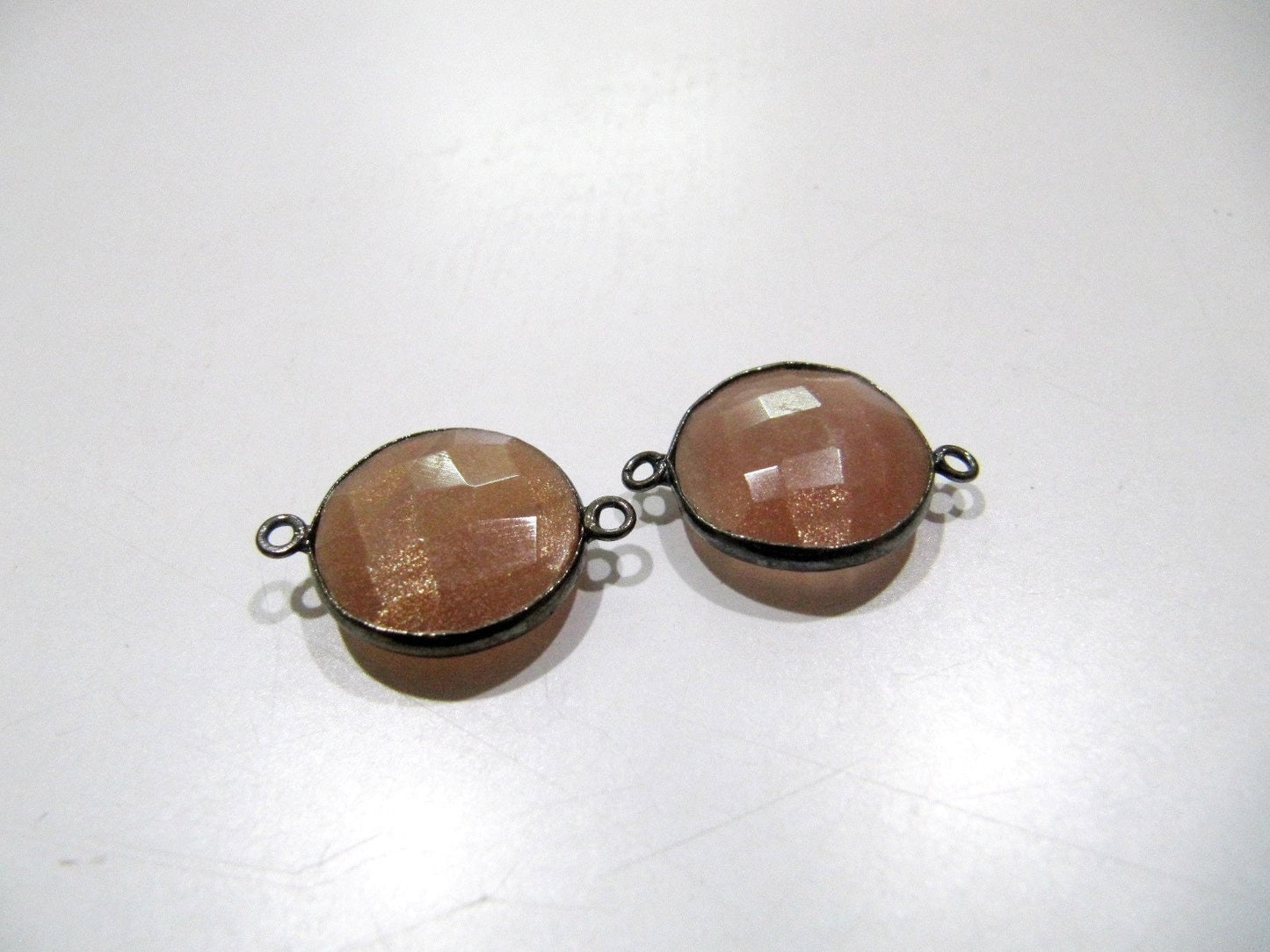 Natural Peach Moonstone Round Coin Shape Faceted Double Loop Bezel Connectors 15 mm Size Gemstone Connector Charms sold per piece