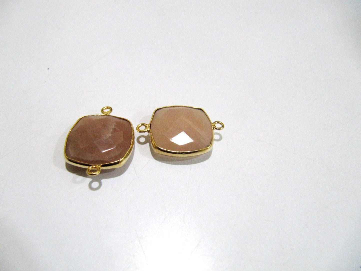 Natural Peach Moonstone Cushion Shape Faceted Briolette Double Loop Bezel Connectors 15 mm Size Gemstone Connector Charms sold per piece