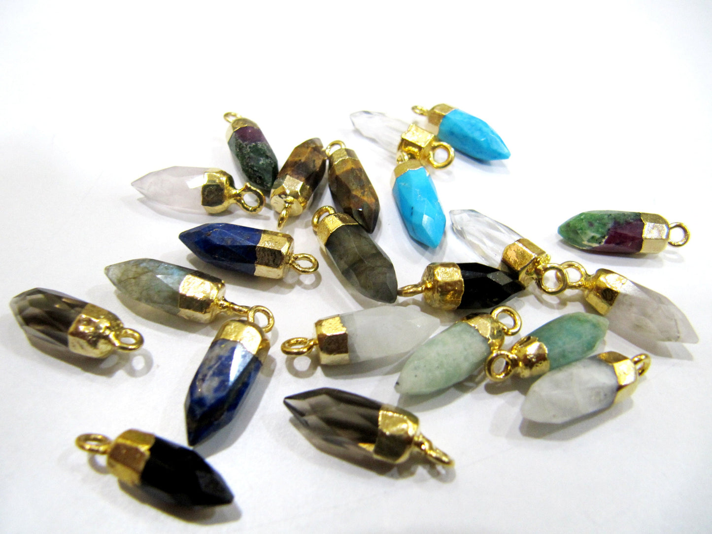 Natural Gemstones Tiny Bullet Charm Pointer Pendant Single Loop Connector 24k Gold Electroplated 0.5 inch long Sold Per Piece Pencil Charm