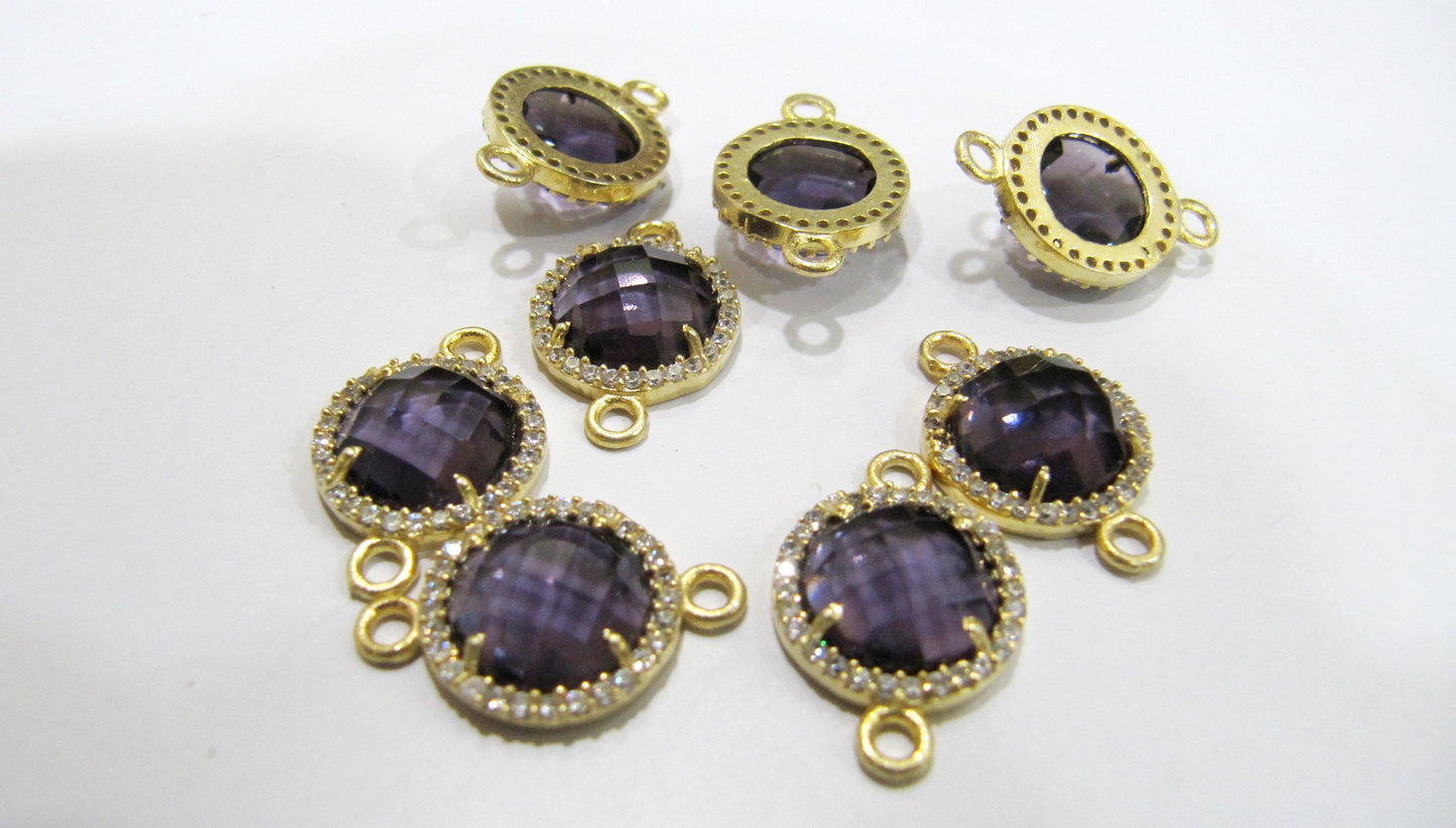 Gemstone Quartz Round Shape Briolette 13mm Connectors With Setted CZ Pave 24K Gold Electroplated Double Loop Gemstone Jewelry Charms
