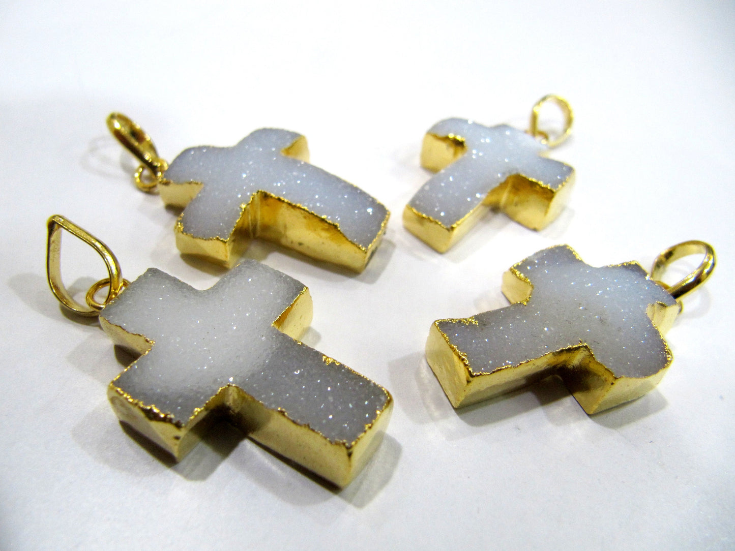 Hand Carved Natural Druzy Holy Cross Shape Pendant Charm 24Kt Gold Electroplated approx. 1inch long White Drusy charm Gemstone Connectors