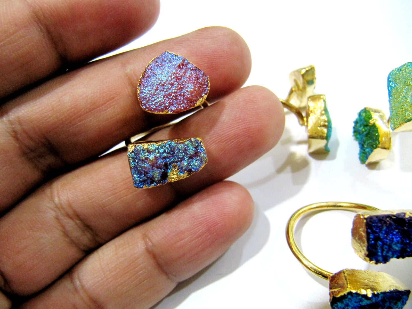 Natural Titanium Colorful Druzy Double Stone Ring 24K Gold Electroplated Drusy Gemstone Free Shape Flexible Adjustable Ring Wholesale Prices